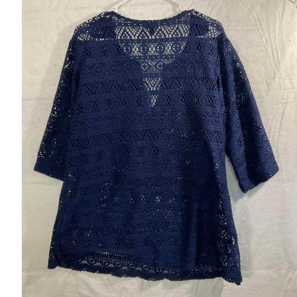 J. Valdi Crochet Swim Cover Up Women XL Navy Blue V-Neck 3/4 Sleeve Beachwear